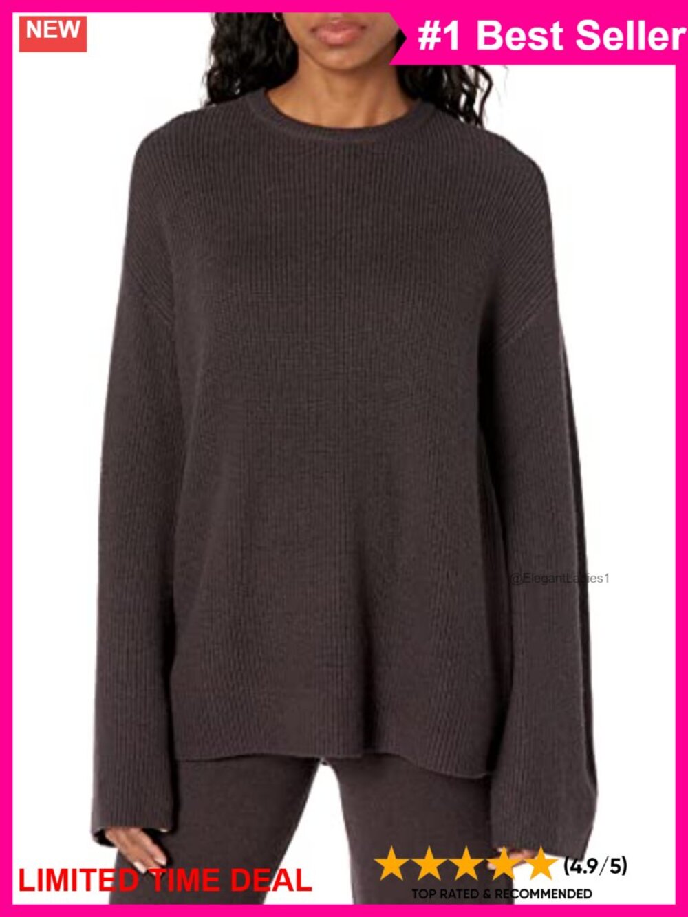 Crew-Neck Back-Slit Ribbed Pullover Sweater 3/4 Bell Sleeve Loose Fit